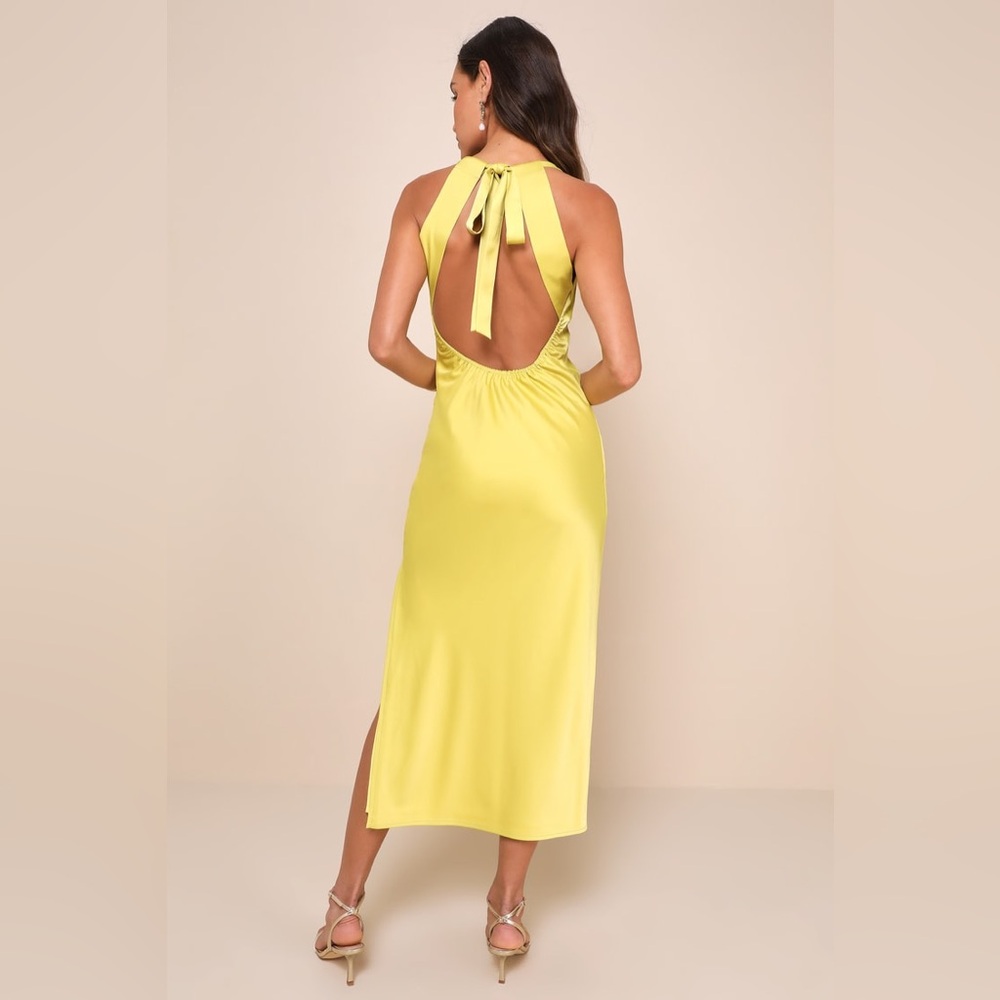 Lulus Certainly Glorious Chartreuse Satin Backless Midi Slip Dress NWT - Picture 11 of 11